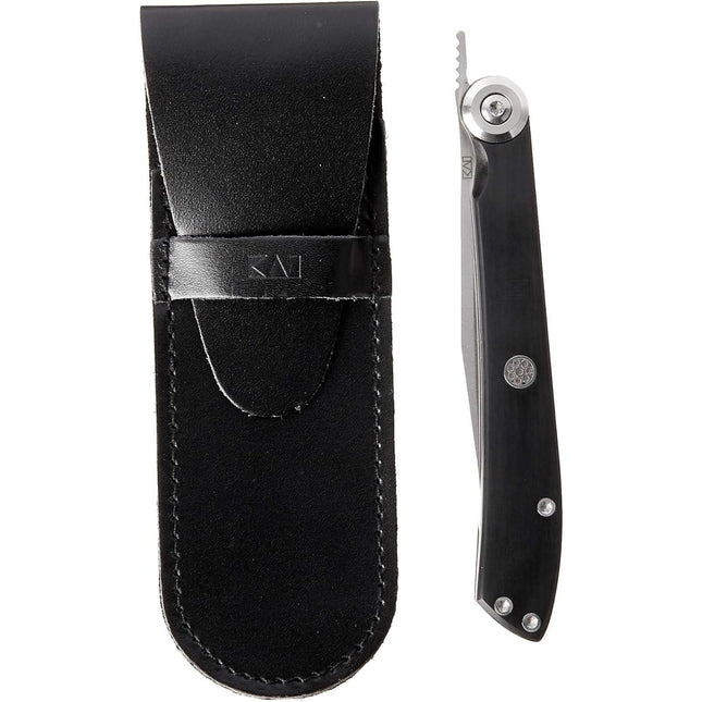 Razor Sharp AZ Kai Personal Steak Knife, black marble handle, stainless steel blade, with leather sheath.