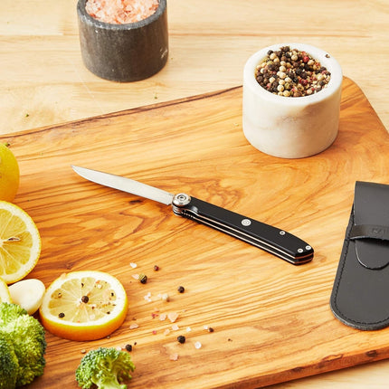 Razor Sharp AZ Kai Personal Steak Knife, folding, black marble handle, stainless steel blade, with leather sheath.