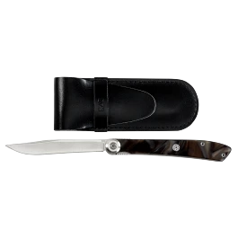 Razor Sharp AZ Kai Personal Steak Knife, folding design with marble handle and leather sheath. 420J2 stainless steel blade.