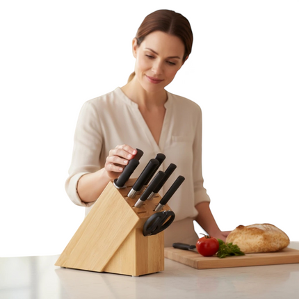 Razor Sharp AZ KAI Wasabi knife set with black handles in a wooden block on a kitchen counter with a woman