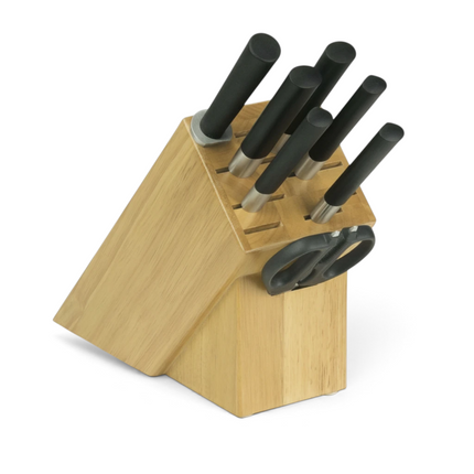 Razor Sharp AZ KAI Wasabi 8-piece kitchen knife set with high-carbon stainless steel blades and black handles in wood block