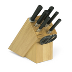 Razor Sharp AZ KAI Wasabi 8-piece kitchen knife set with high-carbon stainless steel blades and black handles in wood block
