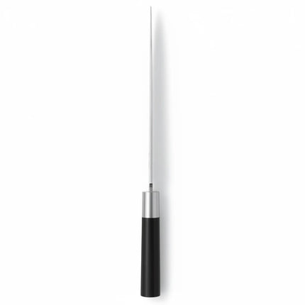 Razor Sharp AZ KAI Wasabi Yanagiba 8-inch sushi knife showing the slim, single-beveled blade profile and black handle.