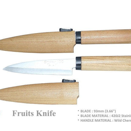 Razor Sharp AZ Kanetsune KC075 fruit knife with 3.66" pointed tip blade and cherry wood handle. Includes wooden sheath.