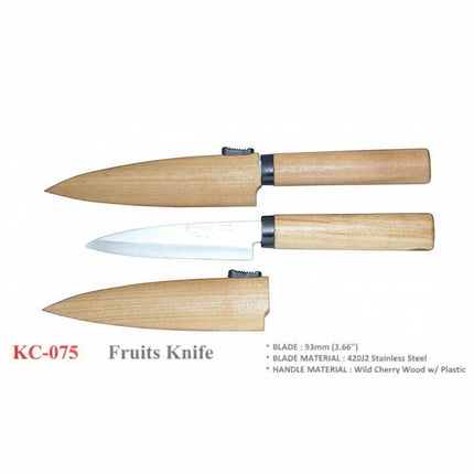 Razor Sharp AZ Kanetsune KC075 fruit knife with 3.66" pointed tip blade and cherry wood handle. Includes wooden sheath.