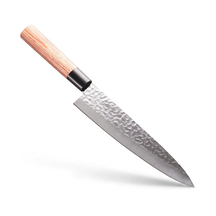 Razor Sharp AZ Kanetsune Gyuto Japanese chef knife with a hammered tsuchime finish blade and a natural wood handle.