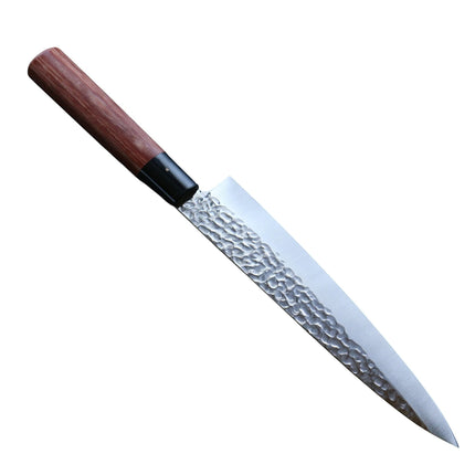 Razor Sharp AZ Kanetsune Gyuto chef knife with a hammered Tsuchime finish blade and a natural wood handle.