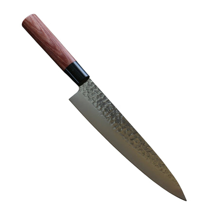 Razor Sharp AZ Kanetsune Gyuto chef knife with a 9.5-inch DSR1K6 steel blade, tsuchime finish, and wood handle.