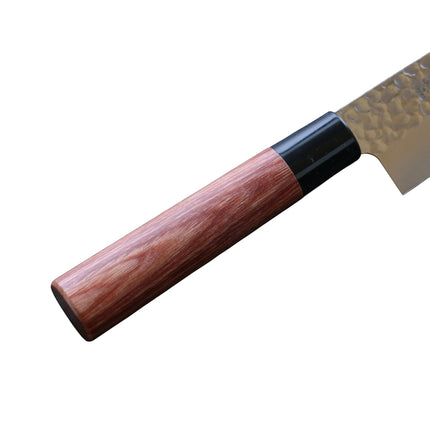 Razor Sharp AZ Kanetsune Gyuto chef knife handle with natural wood grain and black bolster
