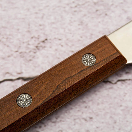 Razor Sharp AZ Kanetsune spread knife featuring a rich Kebony maple wood handle with decorative floral rivets