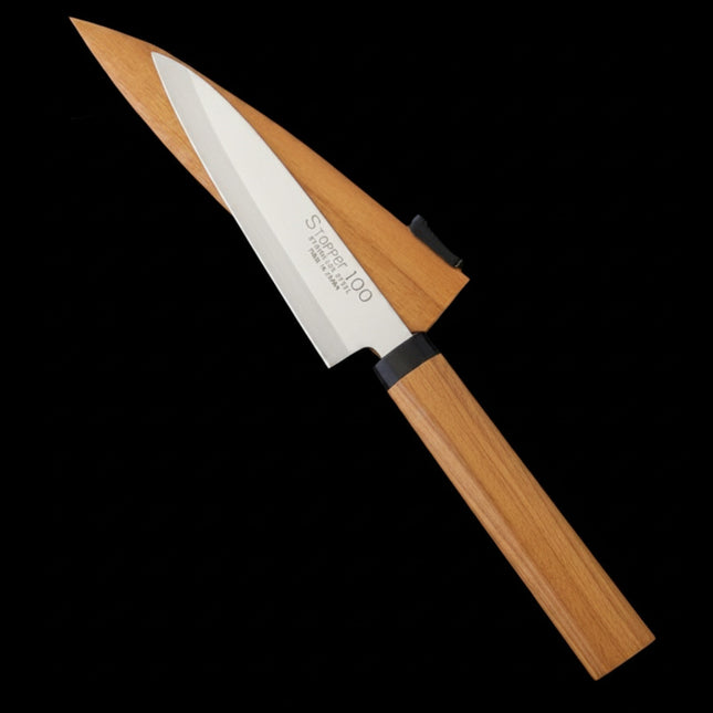 Razor Sharp AZ Kanetsune ST-100 Japanese paring knife with stainless steel blade and wild cherry wood handle, includes wooden sheath.