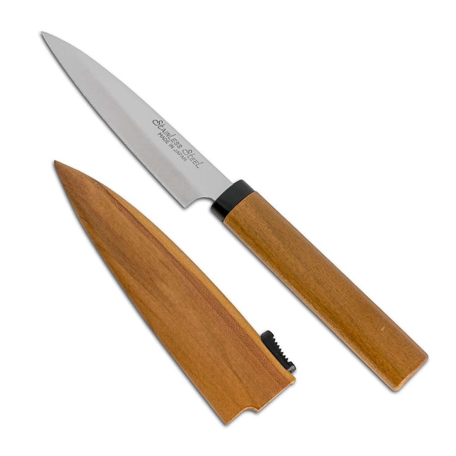 Razor Sharp AZ Kanetsune ST-100 Japanese paring knife with stainless steel blade and wild cherry wood handle, includes wooden sheath.