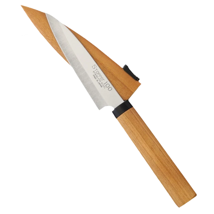 Razor Sharp AZ Kanetsune ST-100 Japanese paring knife with stainless steel blade and wild cherry wood handle, includes wooden sheath.