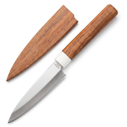 Razor Sharp AZ Kanetsune KC-082 paring knife with a sharp steel blade and natural rosewood handle and matching sheath.