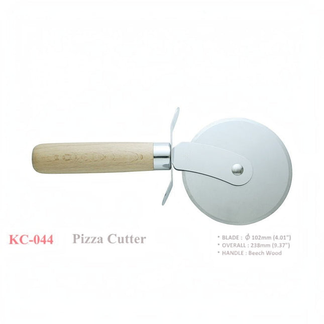 Razor Sharp AZ Kanetsune KC-044 pizza cutter with a 420J2 stainless steel blade and ergonomic beech wood handle.