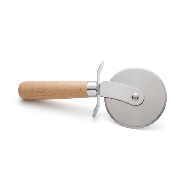 Razor Sharp AZ Kanetsune KC-044 pizza cutter with a 102mm stainless steel blade and ergonomic beech wood handle.