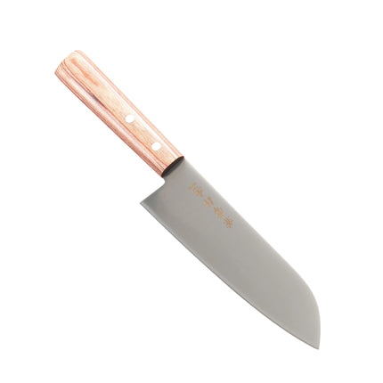 Razor Sharp AZ Kanetsune Santoku kitchen knife with a DSR-1K6 stainless steel blade and light wood handle.