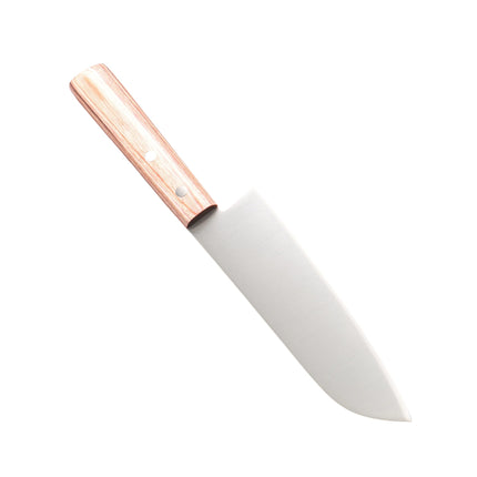 Razor Sharp AZ Kanetsune Santoku kitchen knife with a DSR-1K6 stainless steel blade and light wood handle.