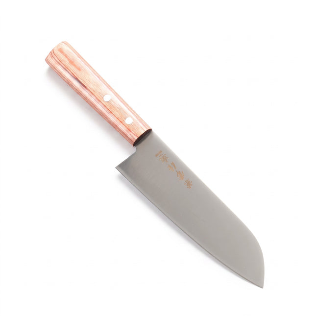 Razor Sharp AZ Kanetsune Santoku kitchen knife with a DSR-1K6 stainless steel blade and a light brown wood handle.
