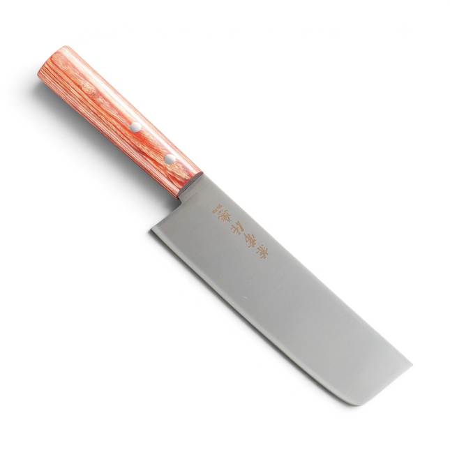 Razor Sharp AZ Kanetsune Seki 555 Series kitchen knife with DSR-1K6 stainless steel blade and red plywood oval handle
