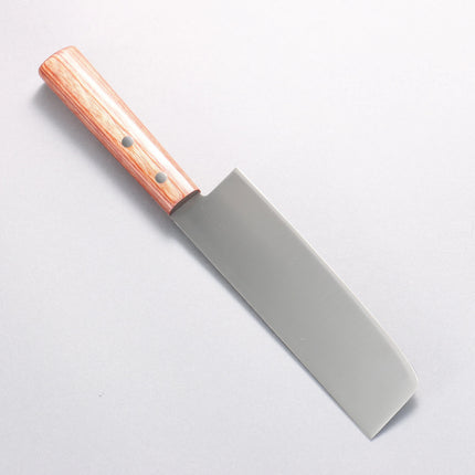 Razor Sharp AZ Kanetsune Seki 555 Series kitchen knife with a DSR-1K6 stainless steel blade and red plywood oval handle.