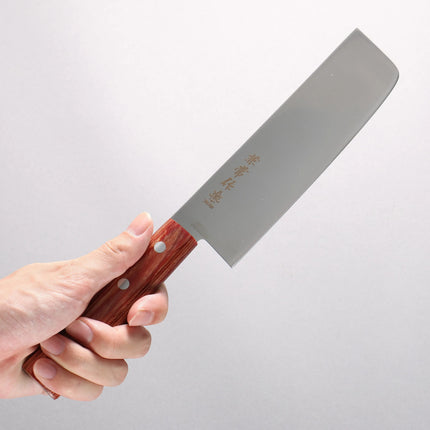 Razor Sharp AZ Kanetsune Seki 555 Series kitchen knife with stainless steel blade and red plywood oval handle