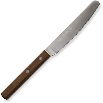 Razor Sharp AZ Kanetsune serrated spread knife with a stainless steel blade and a durable Kebony maple wood handle.
