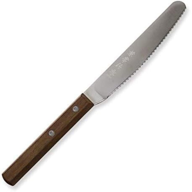 Razor Sharp AZ Kanetsune serrated spread knife with a stainless steel blade and a durable Kebony maple wood handle.