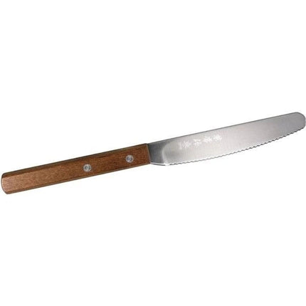 Razor Sharp AZ Kanetsune serrated spread knife with a stainless steel blade and a durable Kebony maple wood handle.