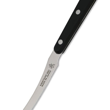 Razor Sharp AZ Kanetsune 8-inch serrated tomato knife with a full tang black resin handle. Made in Japan.