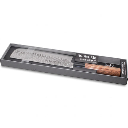 Razor Sharp AZ Kanetsune Usubagata vegetable knife with a 165mm hammered stainless steel blade and wood handle in box