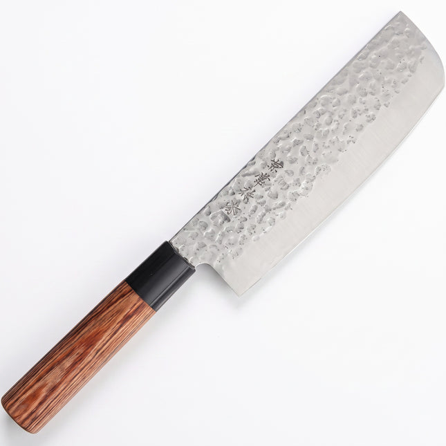 Razor Sharp AZ Kanetsune KC953 Usubagata vegetable knife with a 165mm hammered stainless steel blade and wood handle.