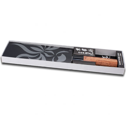 Razor Sharp AZ Kanetsune Usubagata vegetable knife in a presentation box with a hammered stainless steel blade