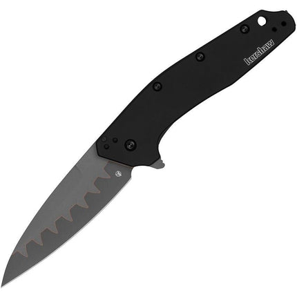Razor Sharp AZ Kershaw Dividend black aluminum folding knife with a two-tone composite blade and serrated edge.