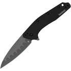 Razor Sharp AZ Kershaw Dividend black aluminum folding knife with a two-tone composite blade and serrated edge.