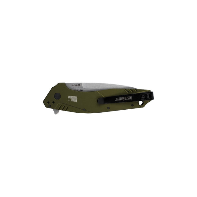 Razor Sharp AZ Kershaw Dividend pocket knife with olive anodized aluminum handle and closed drop point blade