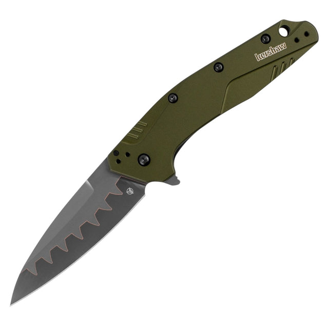 Razor Sharp AZ Kershaw Dividend pocket knife with olive anodized aluminum handle and composite drop point blade.
