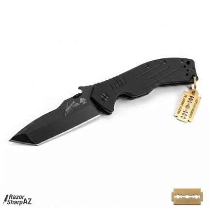 Razor Sharp AZ Kershaw Emerson CQC-8K black tanto folding knife with textured G10 handle and Emerson Wave feature.