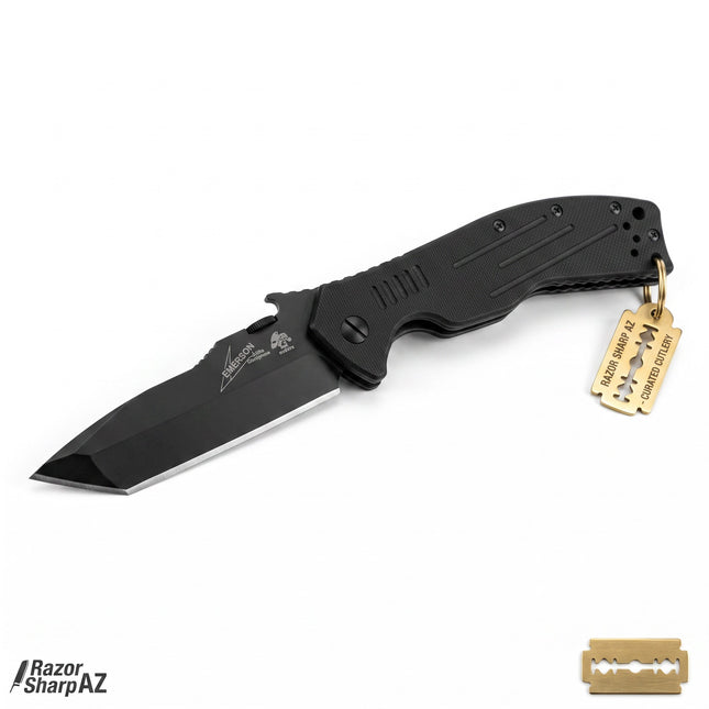 Razor Sharp AZ Kershaw Emerson CQC-8K black tanto folding knife with textured G10 handle and Emerson Wave feature.