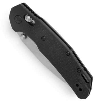 Razor Sharp AZ Kershaw Heist folding knife with a black textured polymer handle and stonewashed D2 drop point blade.