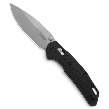 Razor Sharp AZ Kershaw Heist folding knife with a stonewash D2 drop point blade and black textured polymer handle.