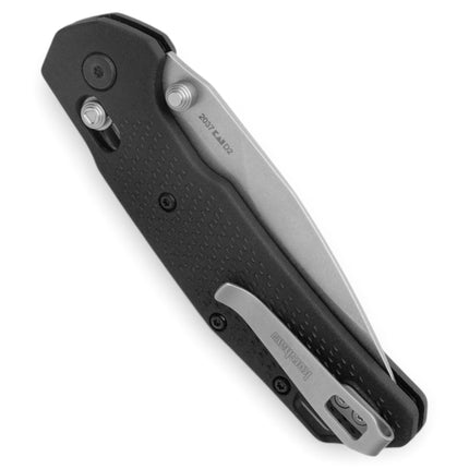 Razor Sharp AZ Kershaw Heist folding knife with black polymer handle, D2 stonewash blade, and crossbar lock.