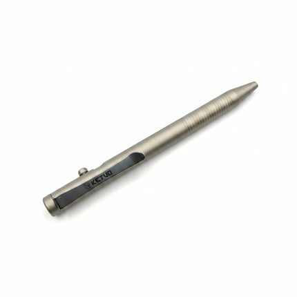 Razor Sharp AZ Ketuo Halo bolt action pen in gray titanium with textured grip and minimalist design.