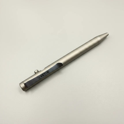 Razor Sharp AZ Ketuo Halo bolt action pen in gray TC4 titanium with textured grip and bolt mechanism.