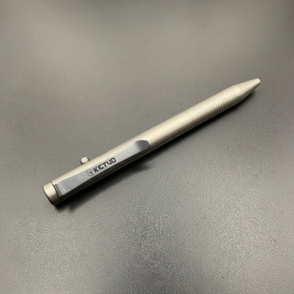 Razor Sharp AZ Ketuo Halo bolt action pen in gray titanium with textured grip and clip.