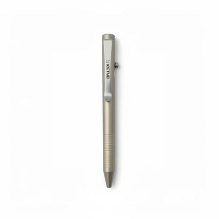 Razor Sharp AZ Ketuo Halo bolt action pen in gray titanium with textured grip and clip.