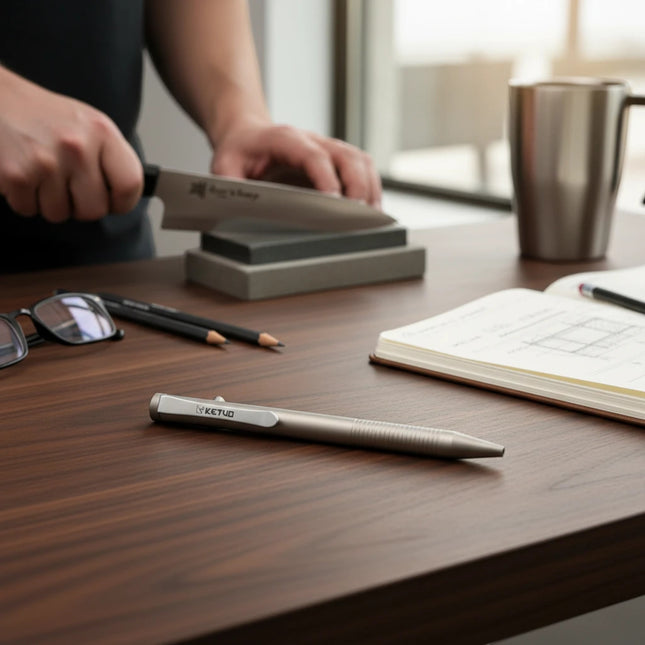Razor Sharp AZ Ketuo Halo bolt action pen in gray titanium with textured grip and bolt mechanism.