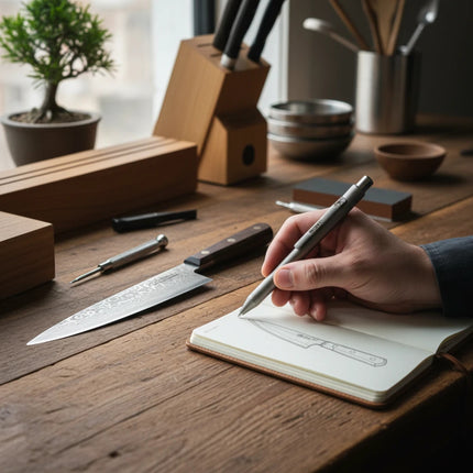 Razor Sharp AZ Ketuo- Titanium Push Pen KP03 in stonewash finish, held by a hand sketching on a notebook.