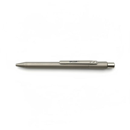 Razor Sharp AZ Ketuo KP03 stonewash titanium push pen with laser-etched logo and clip.