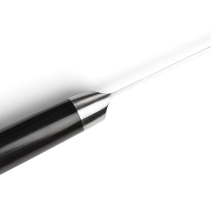 Razor Sharp AZ Shun Classic 8-inch Kiritsuke knife showing the ebony PakkaWood handle and stainless steel bolster